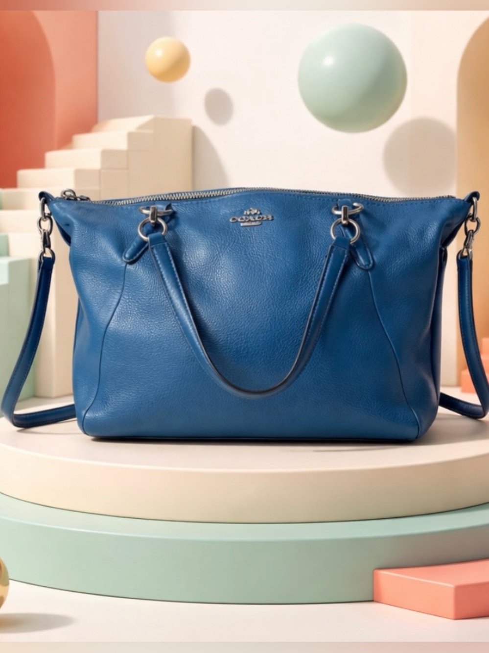 Coach Pebbled Leather Shoulder Tote in Teal Blue